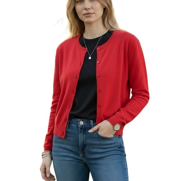 LOFT Petite Red Pima Cotton Cardigan Button Front Sweater Size PM EUC - Picture 7 of 7